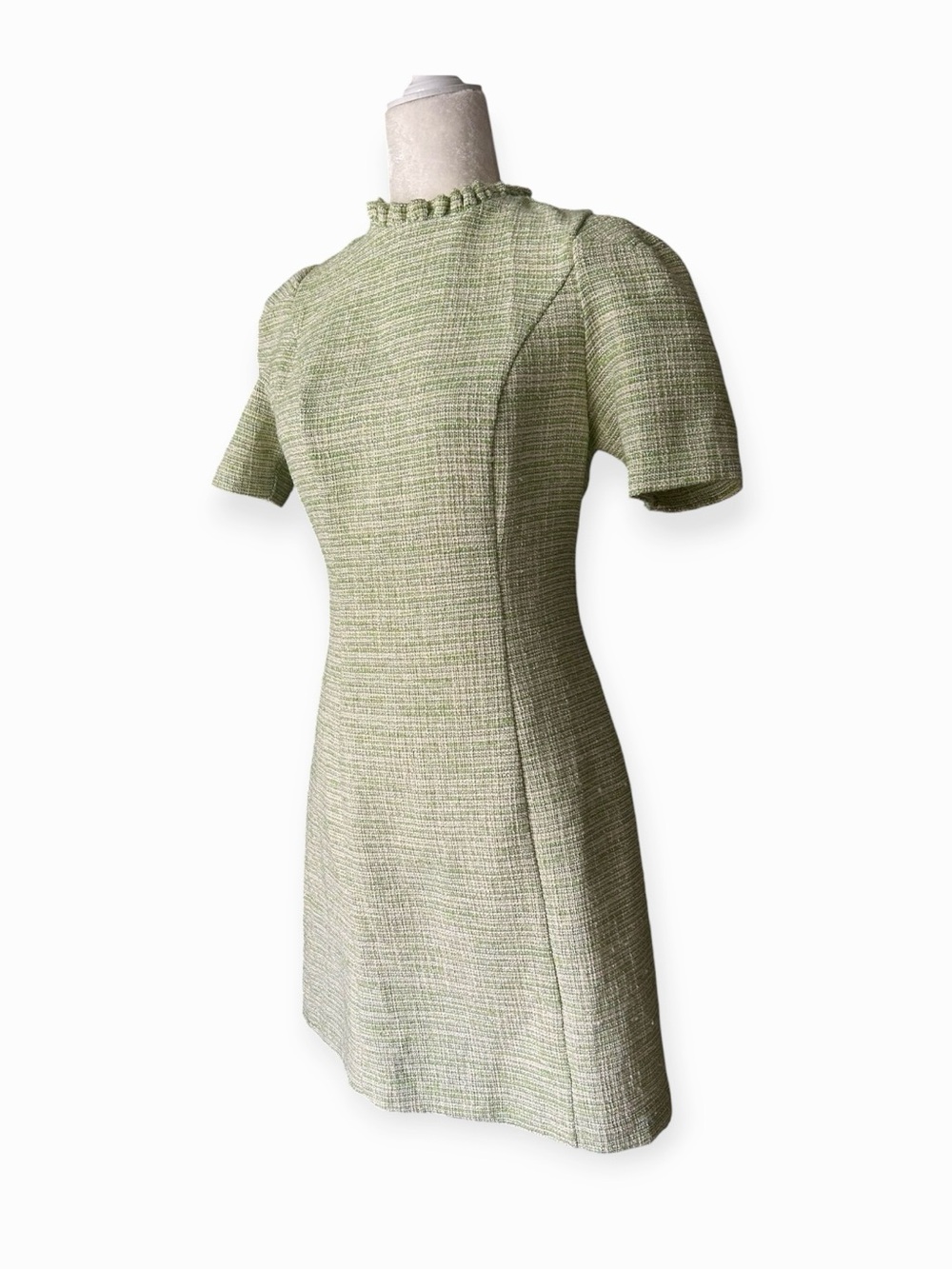 Nanette Lepore Light Green Tweed Mini Dress with Ruffled Neckline size 6